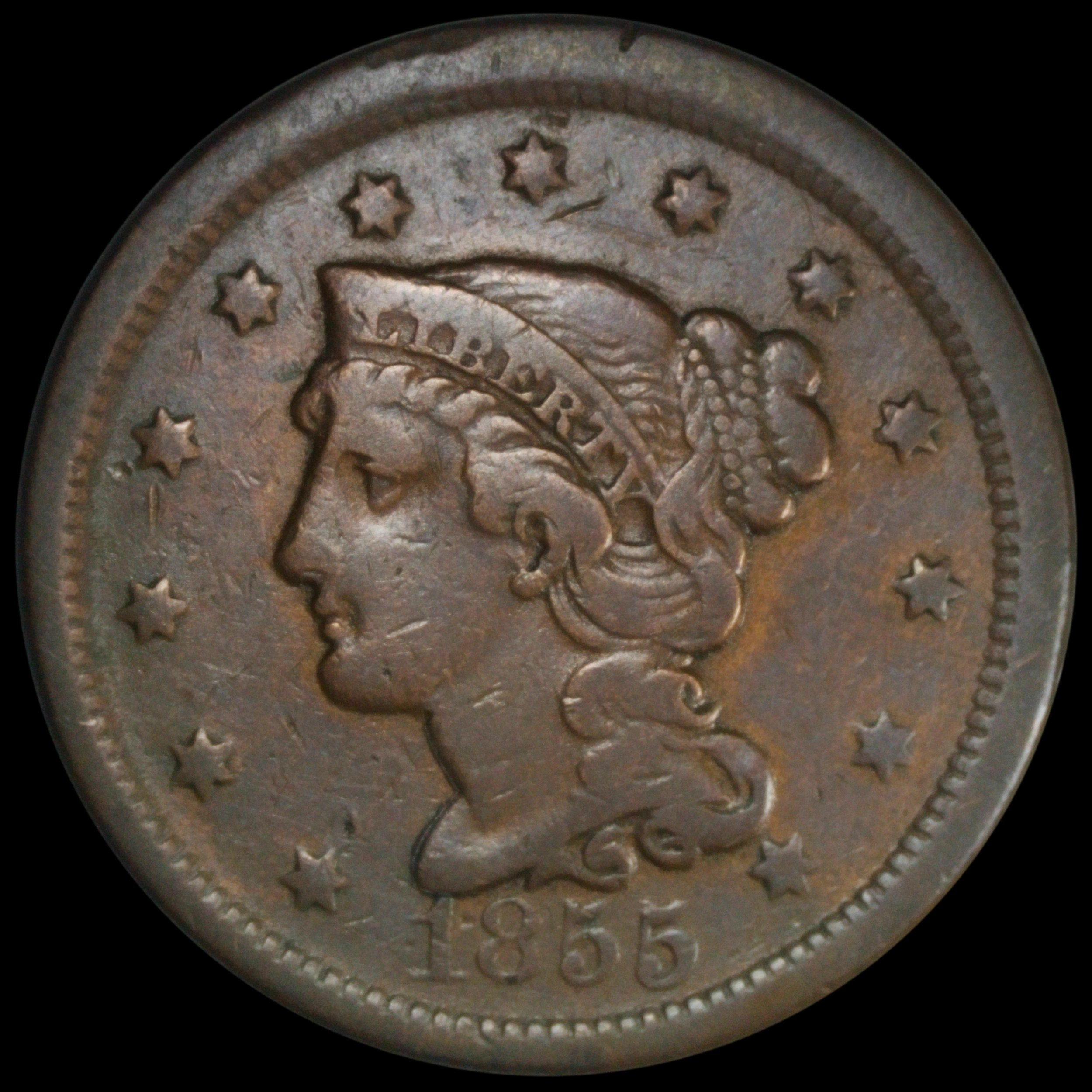 Rare Coins & Relics - 1855 Braided Hair Cent - Upright 55